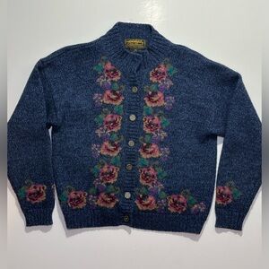 Vintage Eddie Bauer Wool Floral Button Up Cardigan, XS Petite, Navy, No Holes
